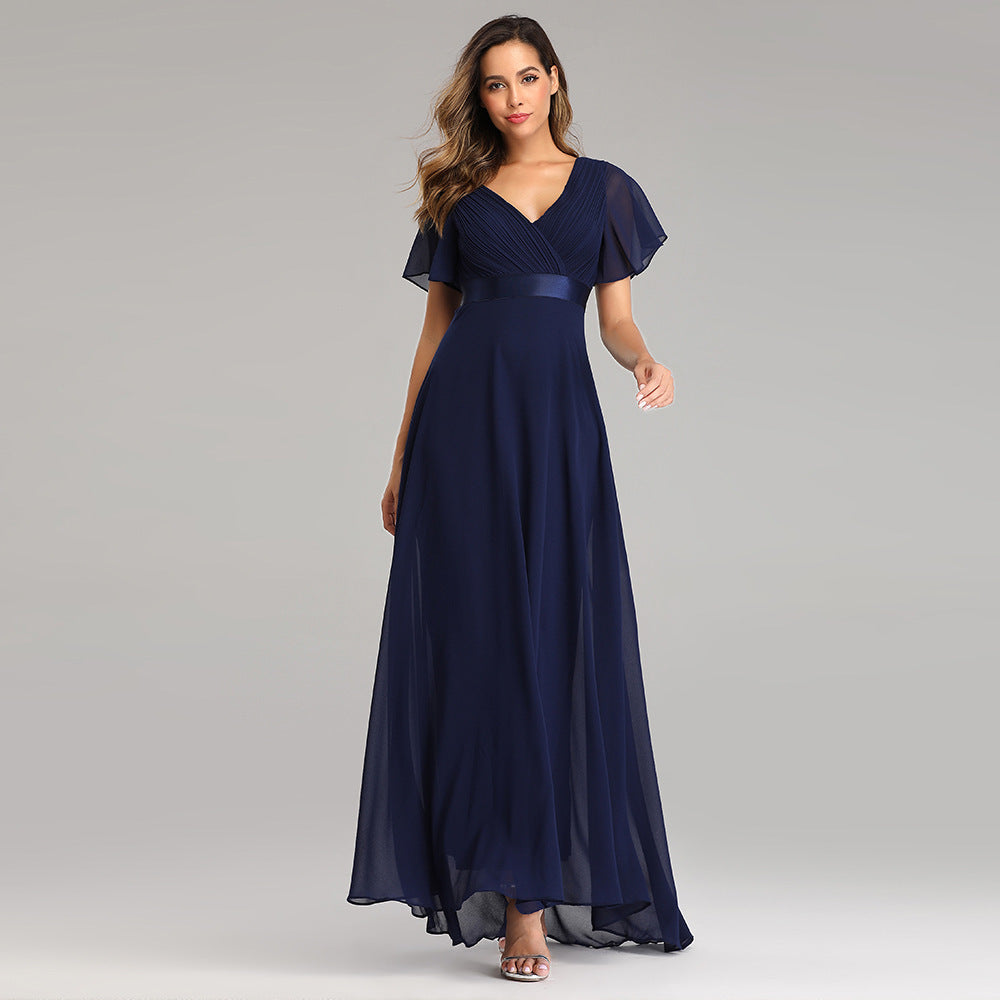 Crepe Fabric Flutter Sleeve Evening Dress