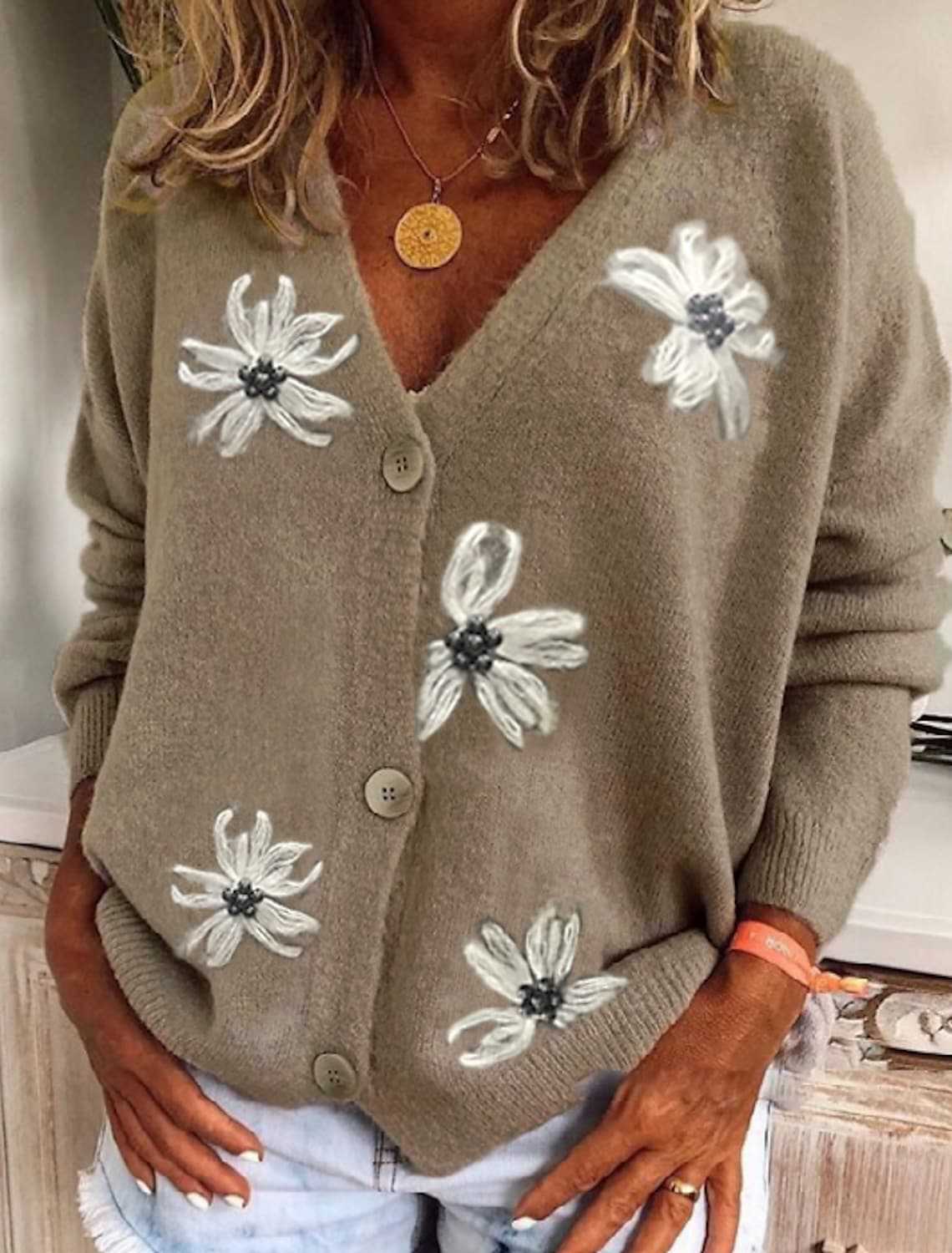 Knit Embroidered Floral V-Neck Button-Down Cardigan