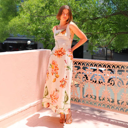 Women’s Long Dress – Lightweight Cotton – Floral Print – Square Neck – Open Back