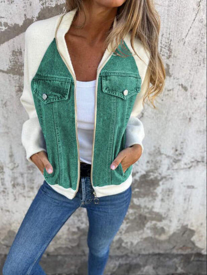 Women’s Bomber Jacket – Wool Blend – Denim Panels – Relaxed Fit – Zip Front – Hip Length