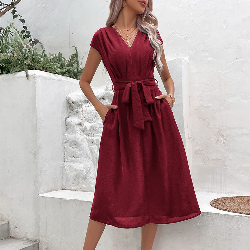 Women’s A-Line Dress – V-Neck – Short Sleeve – Tie Waist – Cotton Blend – Midi Length – With Pockets