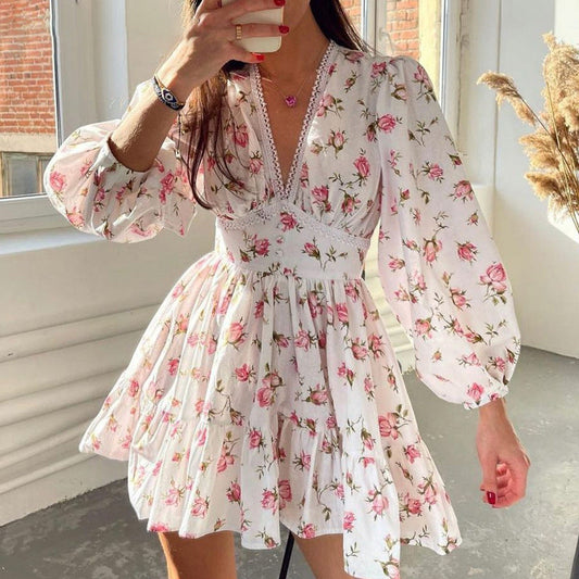 Lace Trim Floral Puff Sleeve Mini Dress