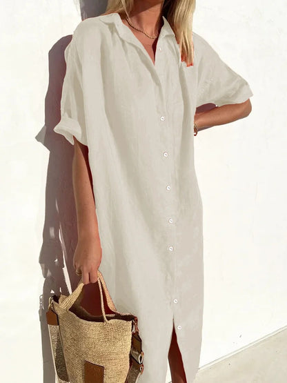Women’s Shirt Dress – Cotton Linen Blend – Relaxed Fit – Midi Length – Button Down