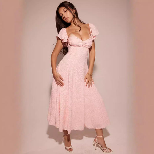 Jacquard A-Line Fit Ruffled Midi Dress