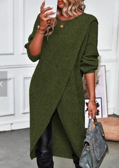 Women's Knitted Sweater Dress - Wrap Front - Asymmetric Hem - Long Sleeve Cozy Fit