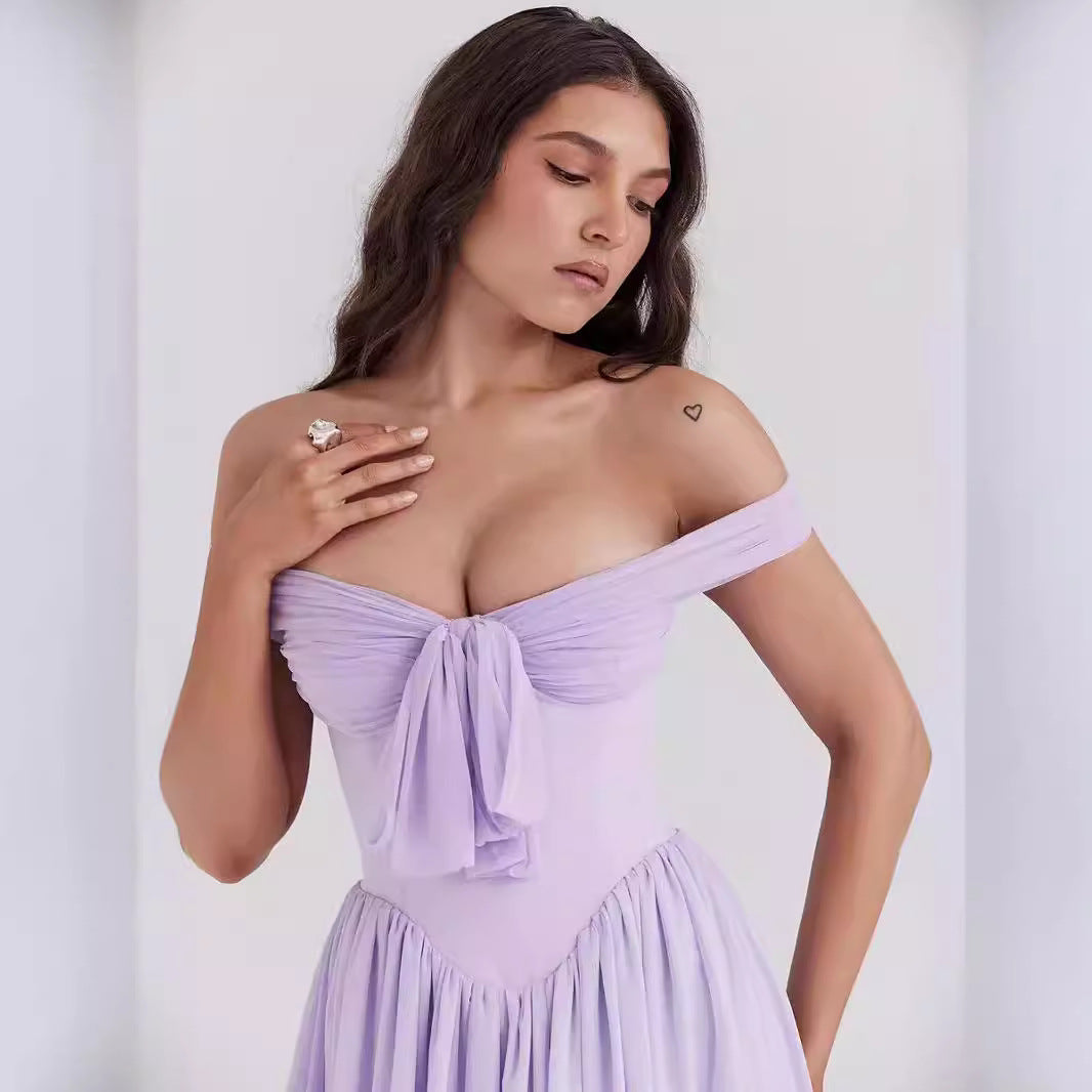 Women’s Mini Dress – Off Shoulder – Fit and Flare – Bow Front – Lightweight Fabric