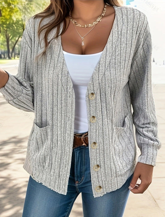Ribbed Knit Relaxed Fit Cardigan With Pockets 