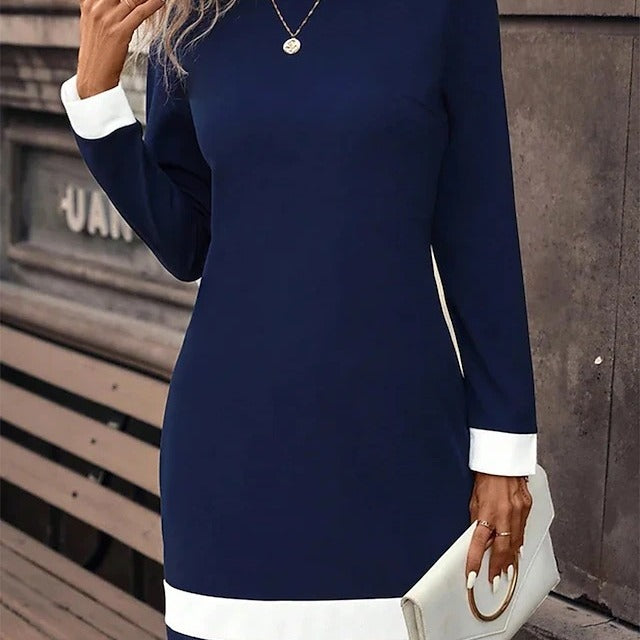 Women's Shift Dress - Long Sleeve - Crew Neck - Above Knee - Contrast Hem Detail