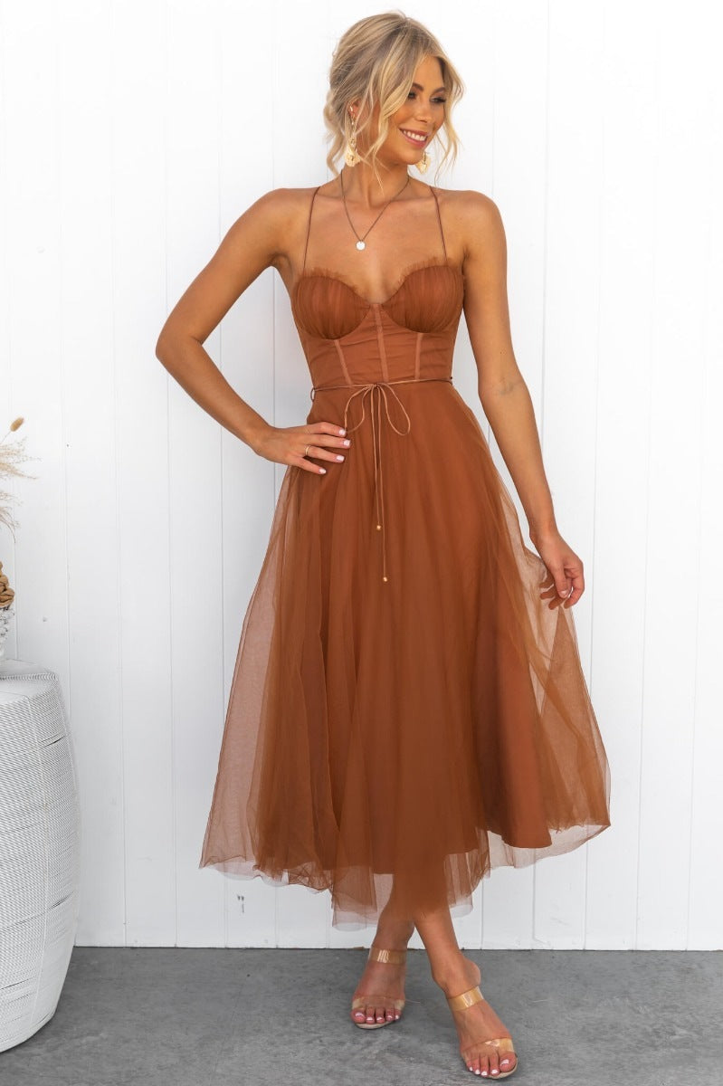 Mesh Overlay Slim Fit Midi Evening Dress