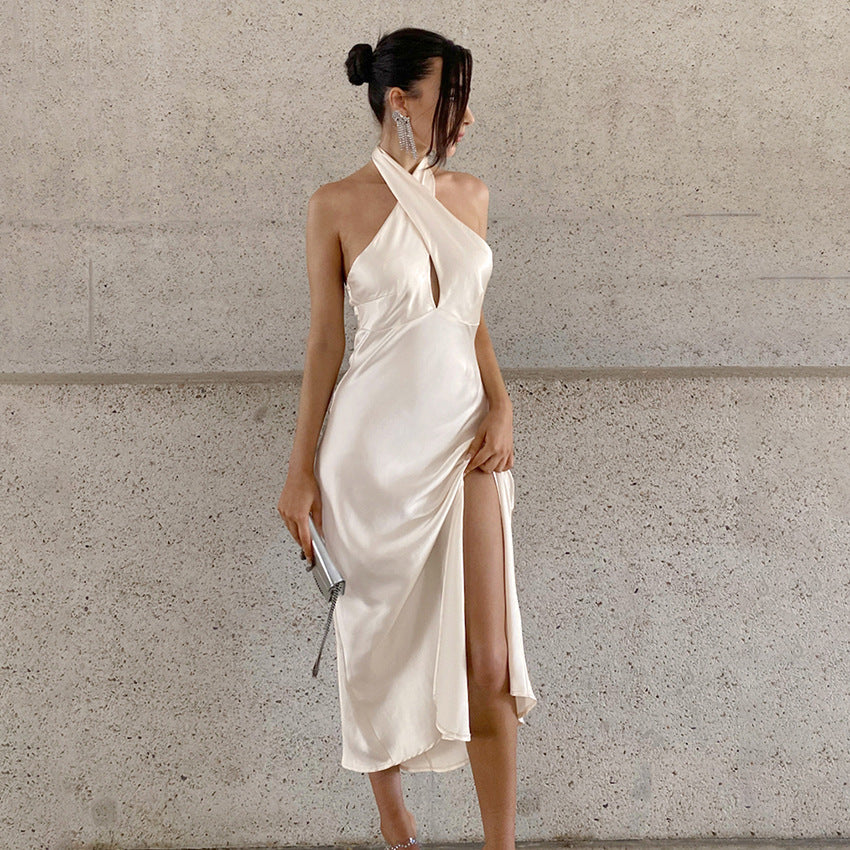 Women’s Evening Gown – Satin – Slim Fit Mermaid Silhouette – Halter Neck Keyhole
