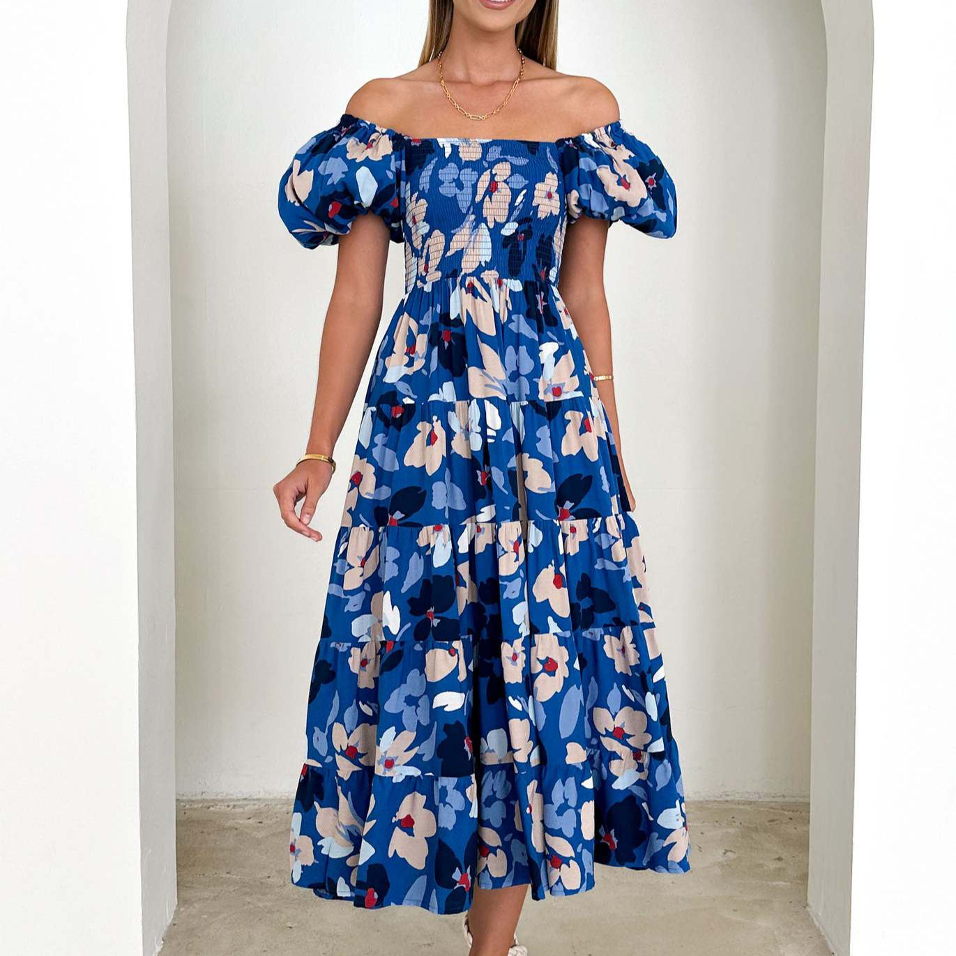 Women's Off-Shoulder Maxi Dress - Tiered Skirt - Vibrant Floral Print