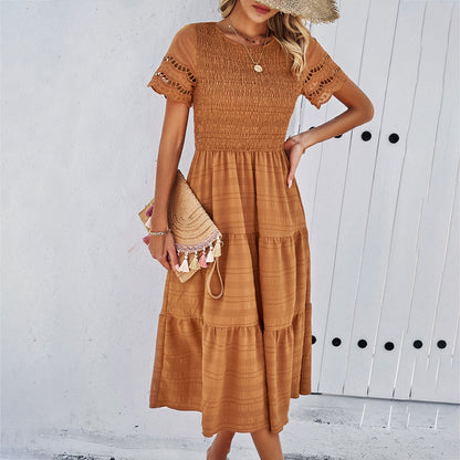 Women’s Midi Dress – Smocked Bodice – Tiered Skirt – Cut-Out Lace Sleeves – Flowy Fit