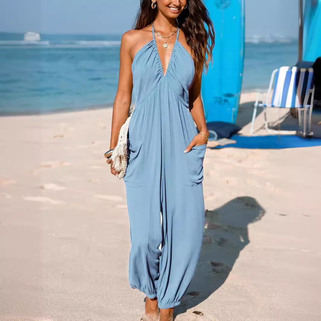 Relaxed Fit Jersey Halter Jumpsuit with Pockets
