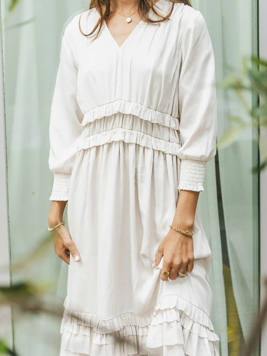 Women’s Midi Dress – Cotton Blend – V-Neck – Tiered Ruffle – Long Sleeve – Relaxed Fit