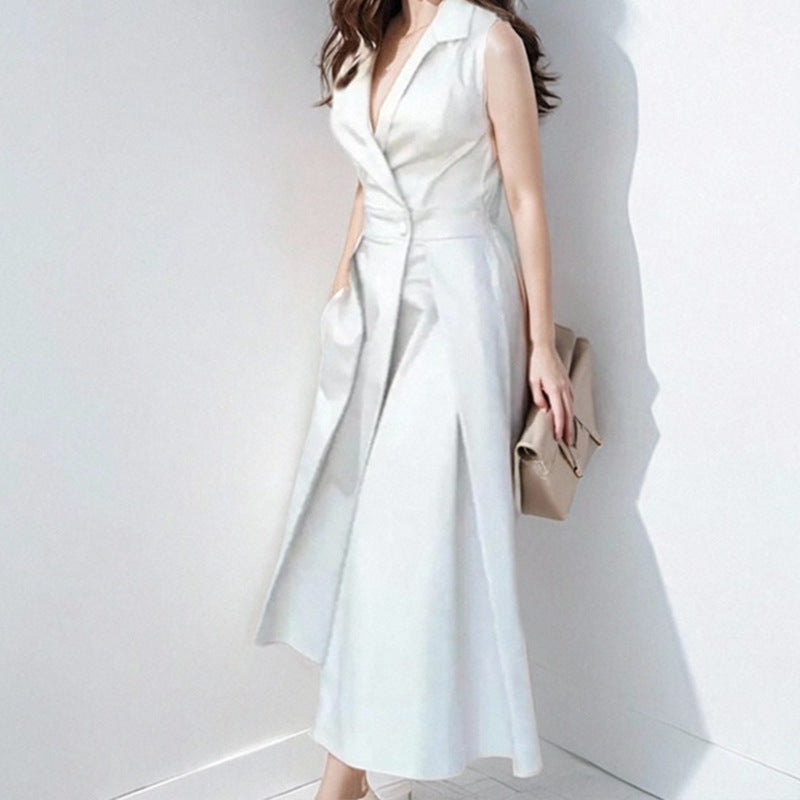 Women’s Midi Dress – V-Neck Button Front – Tailored Fit – Sleeveless Flared Skirt