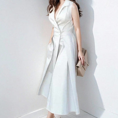 Women’s Midi Dress – V-Neck Button Front – Tailored Fit – Sleeveless Flared Skirt