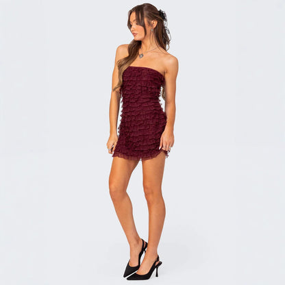 Women’s Mini Dress – Strapless Bodycon Fit – Ruffled Layers – Party Wear