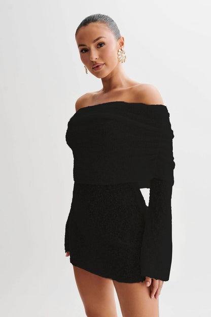 Women’s Knit Beach Dress – Off Shoulder – Slim Fit – Semi Sheer – Flared Sleeve Cover Up