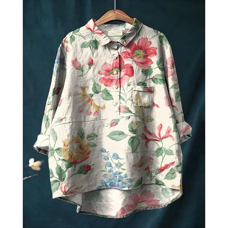 Women’s Vintage Floral High-Low Shirt with Pocket