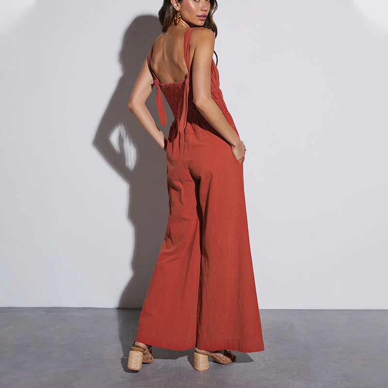 Linen Wide-Leg Elastic Waist Jumpsuit
