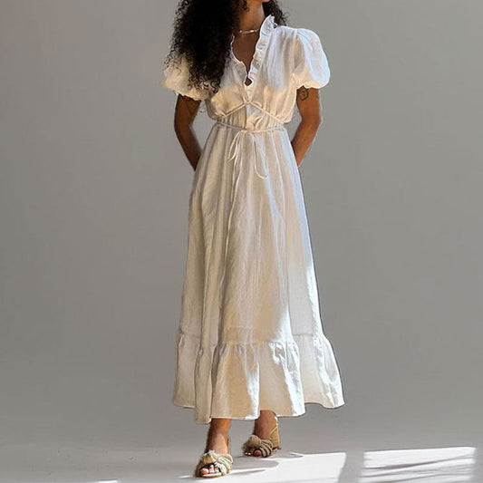 Puff Sleeve Tie Waist Midi Dress