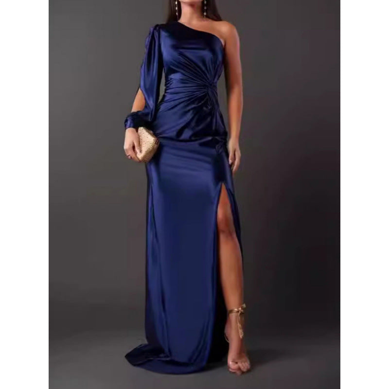 Satin Finish One Shoulder Maxi Dress