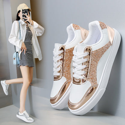 Women's Platform Sneakers - Leather & Glitter Fabric - Lace-Up Casual Shoes