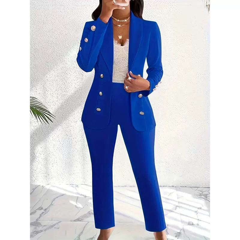 Women’s Two-Piece Pants Set – Slim Fit Blazer with Shawl Collar – Straight Leg Trousers