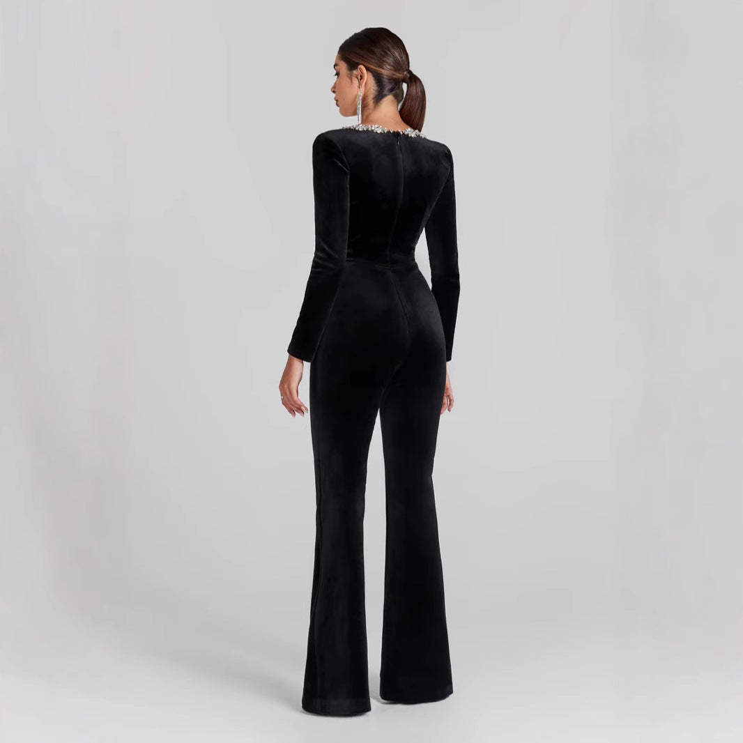 Velvet Slim Fit Embellished Neckline Jumpsuit