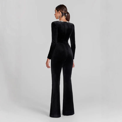 Women’s Jumpsuit – Slim Fit – Velvet Fabric – Embellished Neckline – Long Sleeve