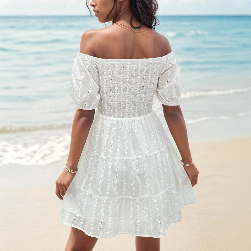 Smocked Eyelet Off-Shoulder Tiered Dress