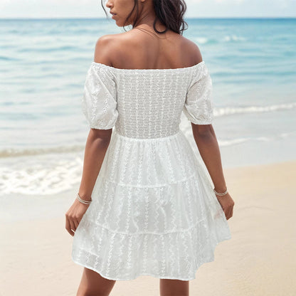 Women’s Off-Shoulder Dress – Smocked Bodice – Eyelet Embroidery – Puff Sleeves – Tiered Skirt