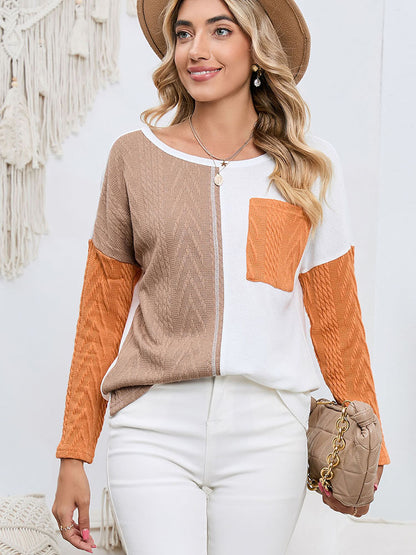 Women's Long-Sleeve Patchwork Top - Round Neck - Textured Fabric - Casual Wear