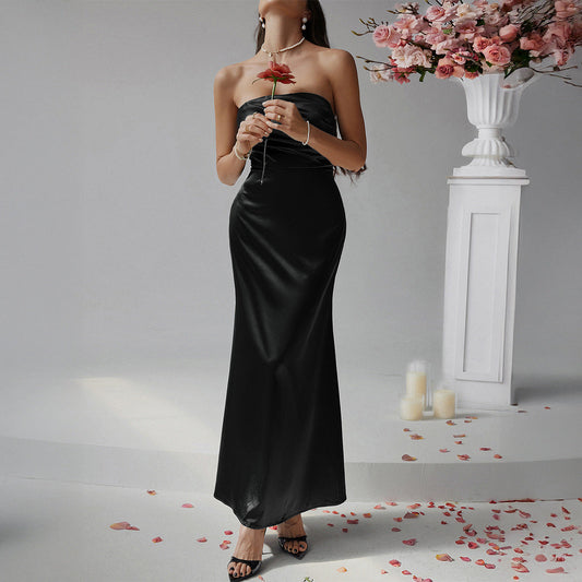 Women’s Evening Gown – Strapless Slim Fit – Full Length Satin-Like Formal Dress