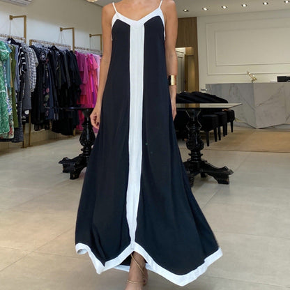 Women’s Maxi Dress – Lightweight Fabric – Loose Fit – Thin Straps – Contrast Trim
