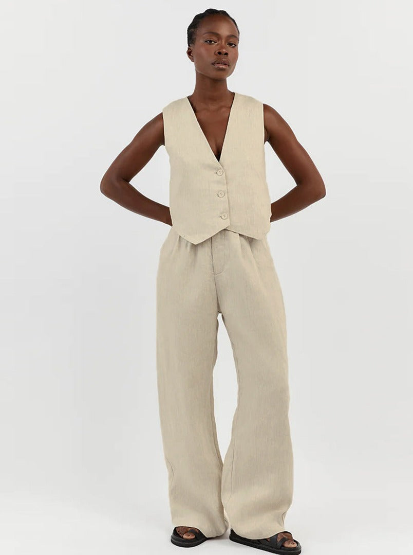 Women's Vest and Wide-Leg Pants Set - Tailored Fit - Sleeveless - High Waist Elegant Outfit