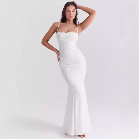 Satin Feel Slim Fit Lace Maxi Dress