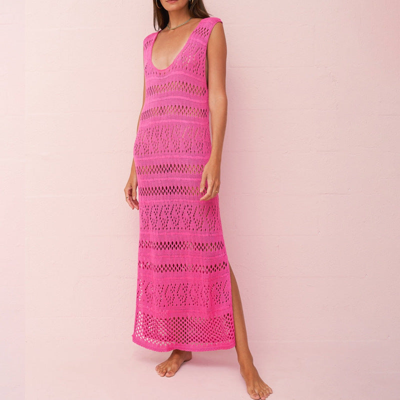Women’s Knit Dress – Slim Fit – Sleeveless – Open Knit – Full Length Side Slit