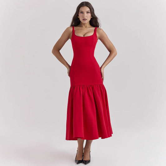 Satin Fitted Sleeveless Midi Evening Dress