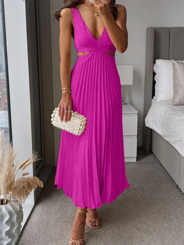 Women’s Maxi Dress – Chiffon Feel – Plunging V-Neck – Pleated Skirt – Cut-Out Details