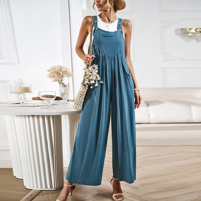 Women's Jumpsuit - Relaxed Fit - Wide Straps with Buttons - Breathable Casual Wear