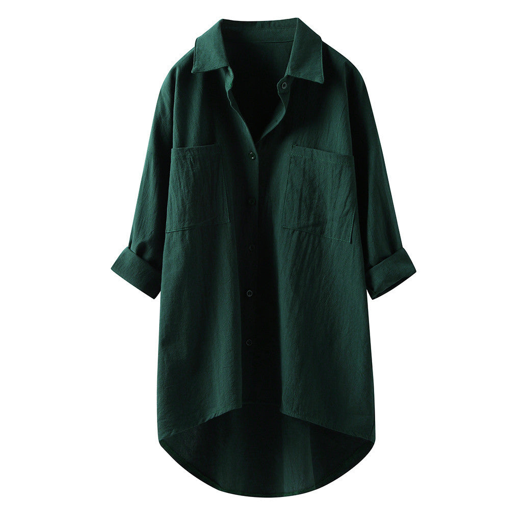 Women's Oversized Button-Up Shirt - Long Sleeve - High-Low Hem - Relaxed Fit - Front Pockets