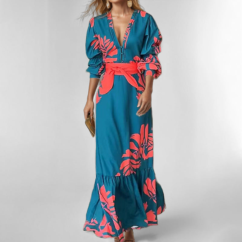 Belted Bold Print Flared Maxi Dress