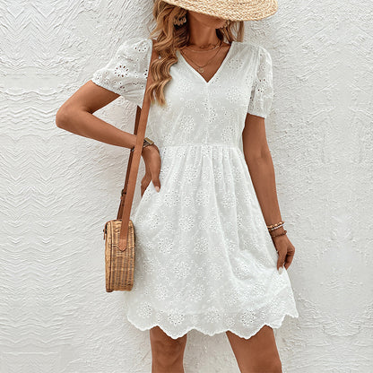 Women's Mini Dress - Eyelet Lace - V-Neck - Short Puff Sleeves - A-Line Flowy Fit