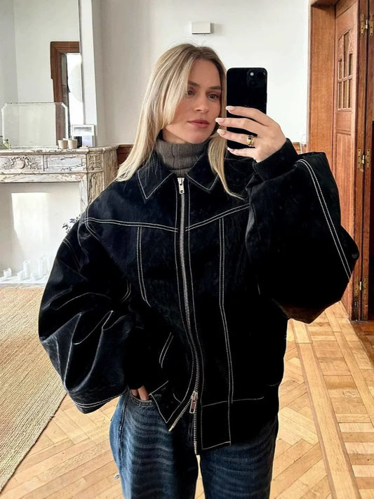Contrast Stitching Cotton Blend Oversized Jacket 