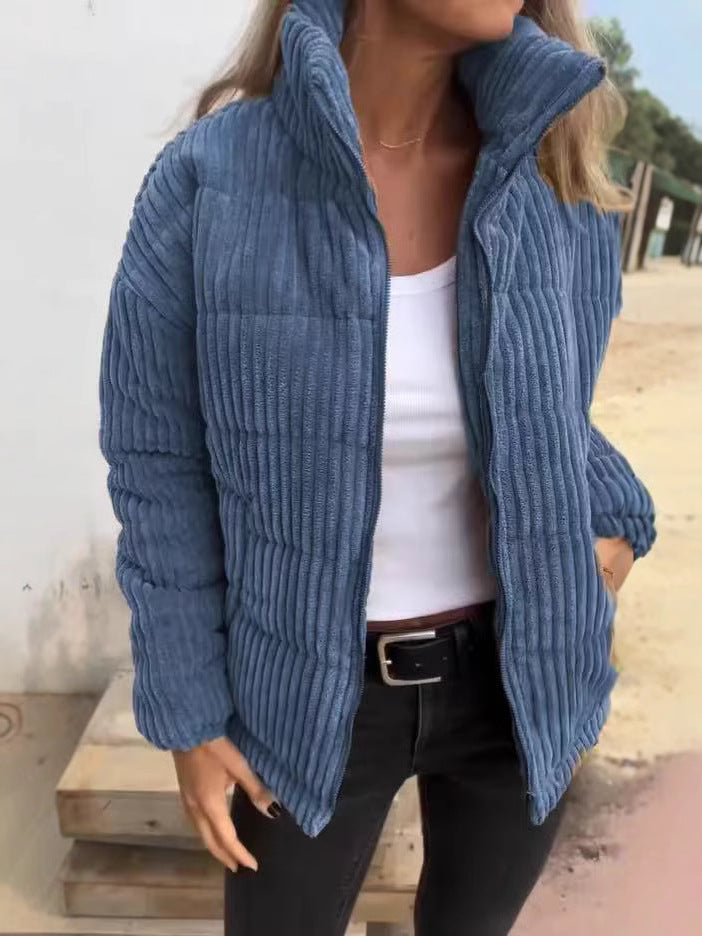 Women’s Corduroy Jacket – Relaxed Fit – Cropped Length – Stand Collar – Zip Front
