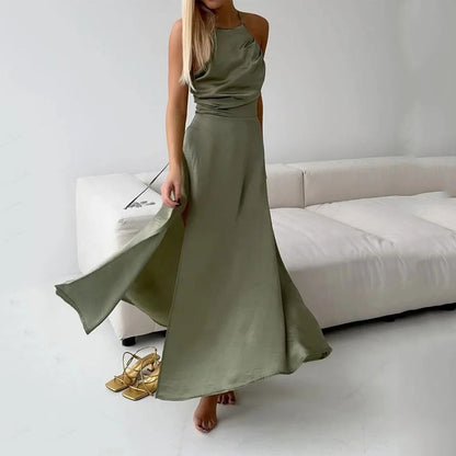 Women’s Maxi Dress – Slim Fit – Halter Neck – Open Back – Silky Fabric – Side Slit