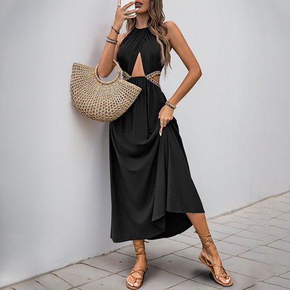 Women’s Halter Neck Dress – Knot Front – Cut-Out Waist – Flowy Midi Fit