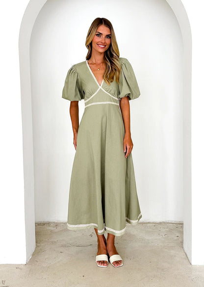 Women’s Long Dress – Cotton Blend – V-Neck – Puff Sleeve – Lace Trim – Fitted Waist