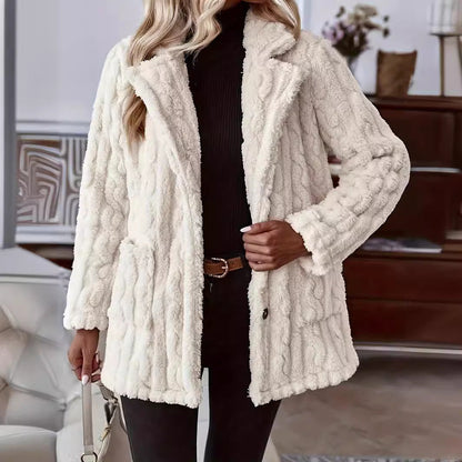 Women’s Cardigan Jacket – Relaxed Fit – Plush Double-Sided – Lapel Collar – Button Front